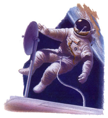 An astronaut fires tiny gas jets from the manned manoeuvring unit in order to move about.