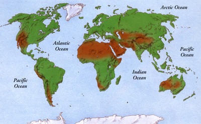 A world map shows at a glance just how much of the Earth's surface is covered by water.
