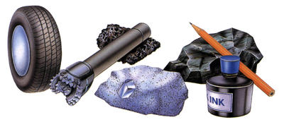 Rubber, steel, diamond, coal, and ink are examples of carbon-based products.