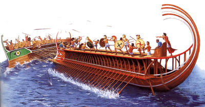 The rowers in a trireme sat above each other and had to avoid hitting each other's oars.