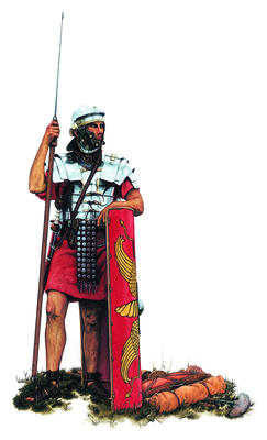A foot soldier in a Roman legion, dressed in a helmet and breastplate and holding a spear and shield