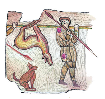 Roman floors were often decorated with colourful mosaics made from tiny pieces of stone. This one shows a hunting scene.