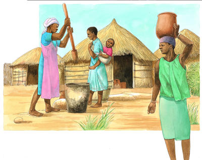 The women of the village pound the local grain to make flour.