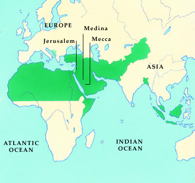 These are the areas of Islamic faith today. Islam's holiest cities are Mecca, Medina, and Jerusalem.