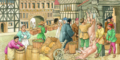 Country people brought eggs, cheese, vegetables, fruit, and livestock to town to sell at market.