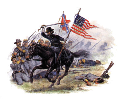 A Unionist soldier, carrying the flag of the United States, defends his flag from attack by the southern Confederates.