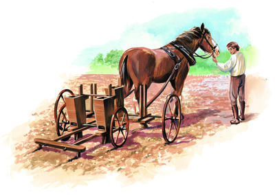 One of the new farming inventions was the seed drill, which planted grain seeds much more quickly than a person could by hand.