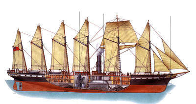 The Great Britain, built in 1843, was the first really large ship to be made wholly from iron. She was powered by steam.