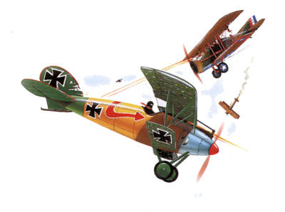 A German Albatross and a French Spad in a dogfight in 1918. Pilots who shot down many aircraft were called 'Aces.'