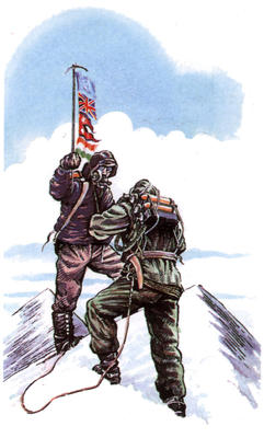 Tenzing Norgay and Edmund Hillary finally reach the top of Mount Everest.