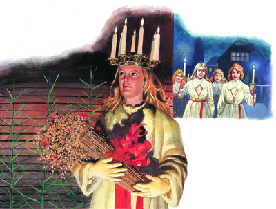 A Swedish girl wears a head-dress of shining candles, celebrating light on St. Lucia's day.