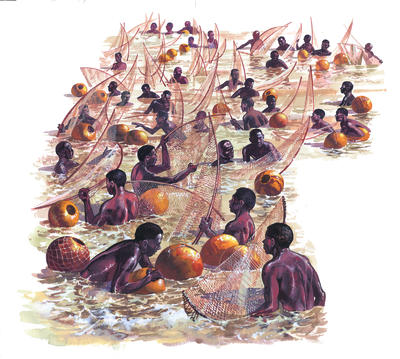 Nigerian fishermen use the hollow shells of large gourds to catch and store fish.