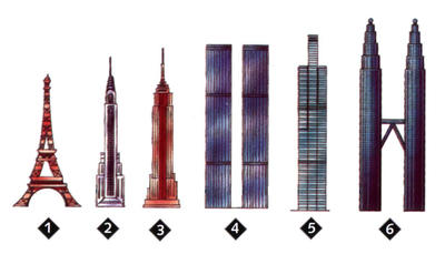 The Sears Tower (5), built in 1974, was the world's tallest building until the Petronas Towers (6) overtook it in 1996.