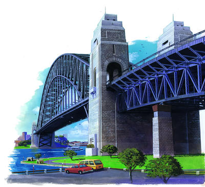 The deck of Sydney Harbour Bridge is suspended from steel girders.