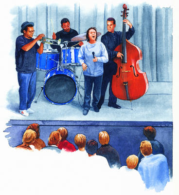 The trumpet, the double bass, the drums, and a singer are a typical line-up for a jazz band.