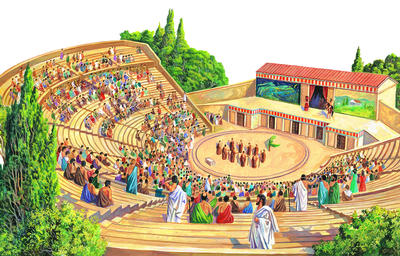 In ancient Greek theatres the audience sat on stone steps. Large theatres could seat up to 14,000 people.