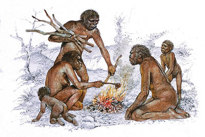We think that Homo erectus built campfires and may have made simple ovens with hot stones.