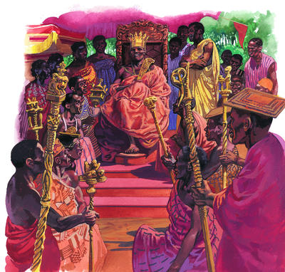 The Ashanti king appears before his people wearing a golden crown and gold ornaments.