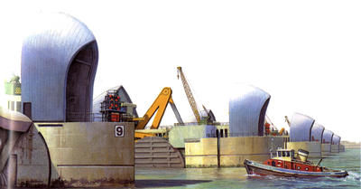 The shell-like structures of the Thames Barrier cover the machinery that raises and lowers the gates.