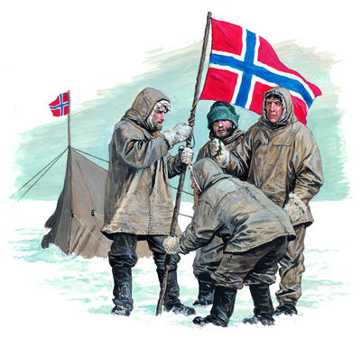 Amundsen journeyed to the South Pole with four men and sledges pulled by dogs.