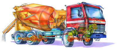 A large, ready-mixed-concrete truck can carry up to 25 tons of concrete.