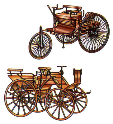 The first cars were modified tricycles and carriages fitted with small petrol engines.