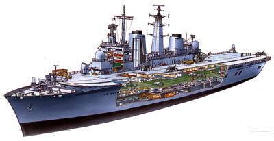 A modern aircraft carrier is a self-contained fighting unit that can both attack the enemy and defend itself.